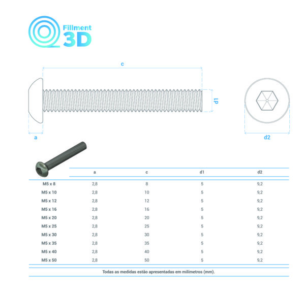 Parafuso ISO 7380 M5 A2 Aço Inoxidável 304 - Fillment3d