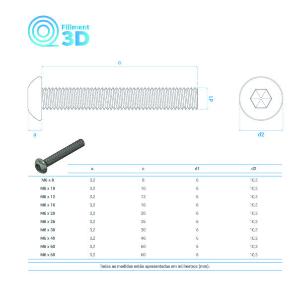 Parafuso ISO 7380 M6 A2 Aço Inoxidável 304 - Fillment3d